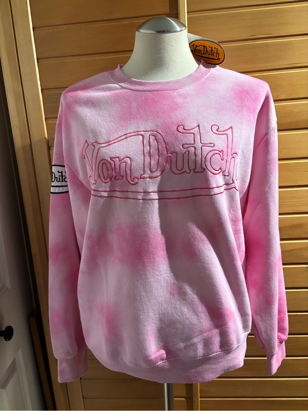 NWT Von Dutch Pink Tie-Dye Crew Sweatshirt with Embroidered Logo